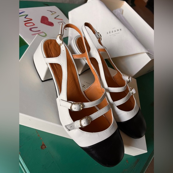 Sézane Paula Babes Black Ecru beige white leather sandals 39 8 EUC - Picture 9 of 15